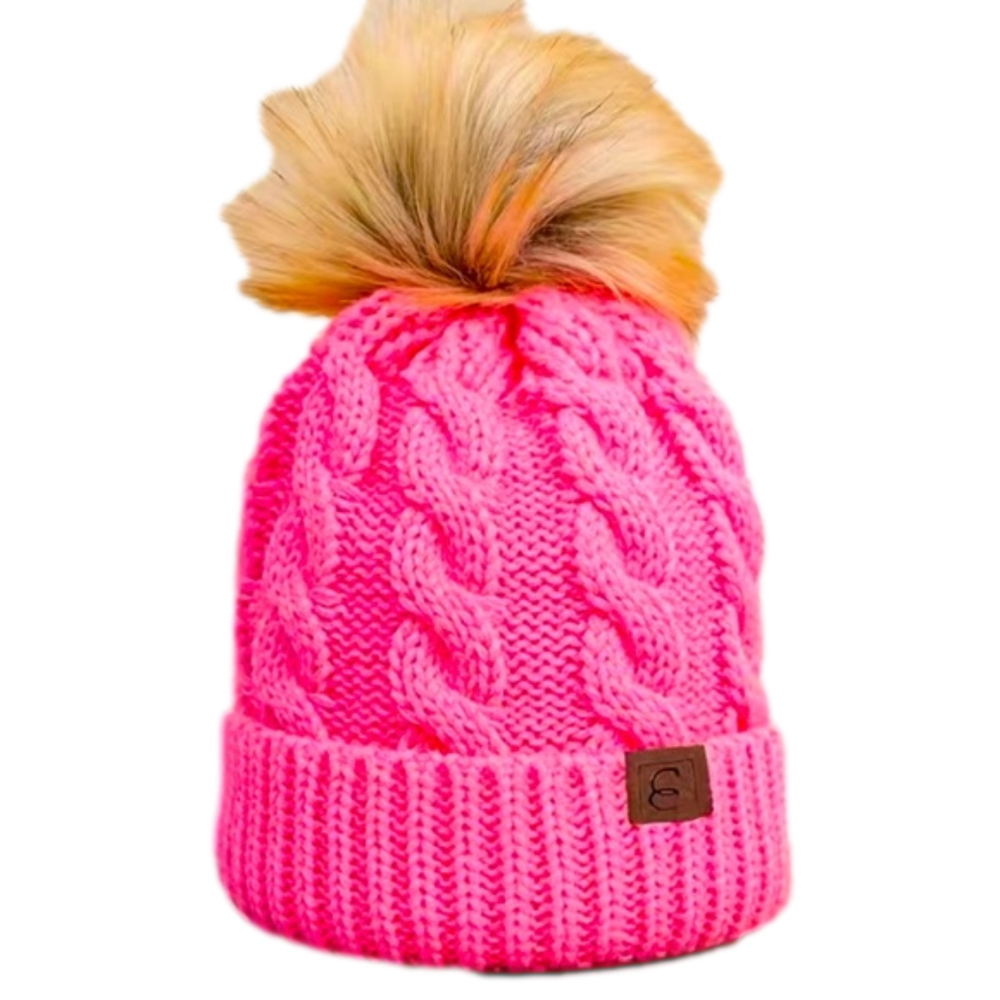 Pink Cable Knit Beanie with Faux Fur Pompom. NWT